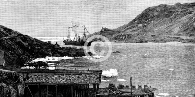 Sketches in Newfoundland: drying stages, with cod-fish, in April: arrival of a new governor, 1890. Creator: Unknown.