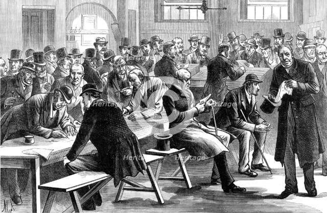 Sketches in Scotland-Yard: pension-day for the retired policemen, 1883. Creator: Unknown.