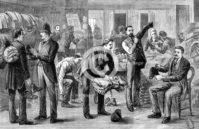 Sketches in Scotland-Yard: serving out clothing to the police, 1883. Creator: Unknown.