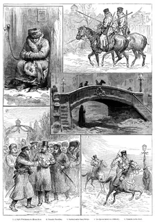 Sketches in St. Petersburg: Night Watchman; Cossacks Patrolling; Sentinel under Canal Bridge..., 188 Creator: Unknown