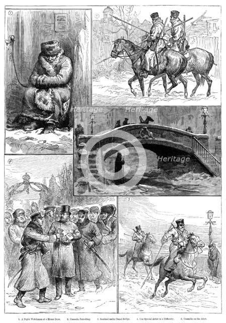 Sketches in St. Petersburg: Night Watchman; Cossacks Patrolling; Sentinel under Canal Bridge..., 188 Creator: Unknown.