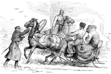 Sketches in St. Petersburg: sledge approaching the city stopped by police, 1881. Creator: Unknown