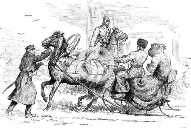 Sketches in St. Petersburg: sledge approaching the city stopped by police, 1881.  Creator: Unknown.