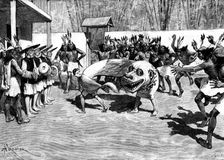 Sketches in the island of Formosa: quaint performance at a savage entertainment, 1890. Creator: F. P.