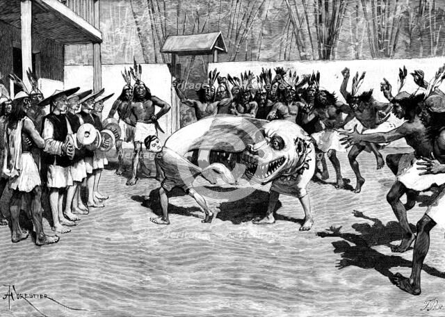 Sketches in the island of Formosa: quaint performance at a savage entertainment, 1890. Creator: F. P..