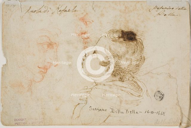 Sketches of Child Praying, Two Male Profiles (recto); Sketches of Male Heads (verso), n.d. Creator: Stefano della Bella.