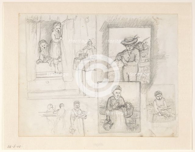 Sketches of children on Sinterklaas morning; boy and girl with a basket, 1836-1896. Creator: Hendrik Valkenburg.