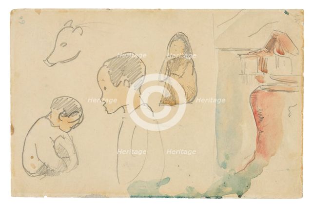 Sketches of Crouching and Standing Figures, a Pig, and a Hut at Water’s Edge, 1891. Creator: Paul Gauguin.