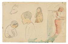 Sketches of Crouching and Standing Figures, a Pig, and a Hut at Water’s Edge, 1891. Creator: Paul Gauguin