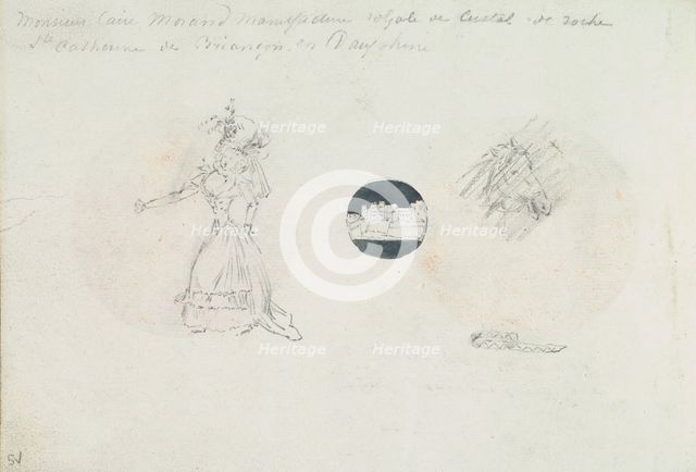 Sketches of a Woman in a Corseted Gown, a Castle, and a Horse's Head, ca. 1785-90. Creator: Anon.