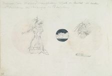 Sketches of a Woman in a Corseted Gown, a Castle, and a Horse's Head, ca. 1785-90. Creator: Anon