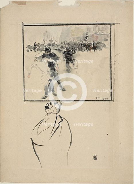 Sketches of a Framed Riot Scene and of a Man (recto); Woman with a Bonnet (verso), c. 1887. Creator: Jean Louis Forain.