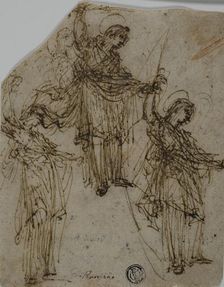 Sketches of a Standing Saint Holding a Sword (r); Sketches of Figures and Heads (v), 1550/59... Creator: Unknown
