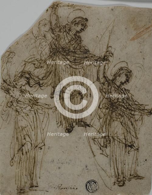 Sketches of a Standing Saint Holding a Sword (r); Sketches of Figures and Heads (v), 1550/59... Creator: Unknown.