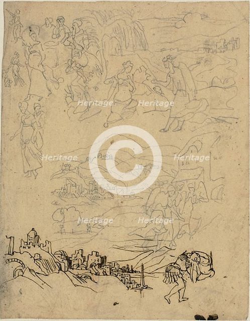 Sketches of Biblical Scenes, Town by Lake, Mountain Village, Warrior, n.d. Creator: Rodolphe Bresdin.