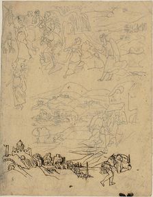 Sketches of Biblical Scenes, Town by Lake, Mountain Village, Warrior, n.d. Creator: Rodolphe Bresdin
