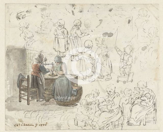 Sketches of gold being weighed, and children, 1771. Creator: Christina Chalon.