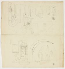 Sketches of Doorway, Figures, Building with Side Entrance to Church (r); Sketch of Spire (v), n.d. Creator: Unknown