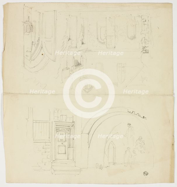 Sketches of Doorway, Figures, Building with Side Entrance to Church (r); Sketch of Spire (v), n.d. Creator: Unknown.