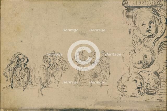 Sketches of Dancers and Heads of Putti, 1748. Creator: Gabriel de Saint-Aubin.