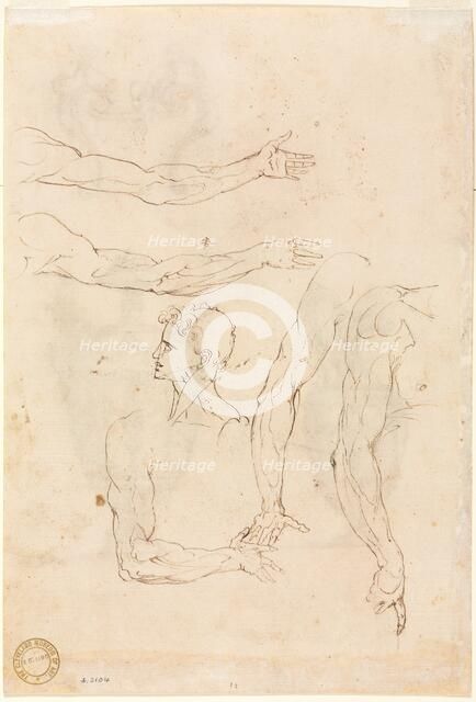 Sketches of Five Arms and a Head (verso), mid 1500s. Creator: Luzio Romano (Italian, active 1528-75).
