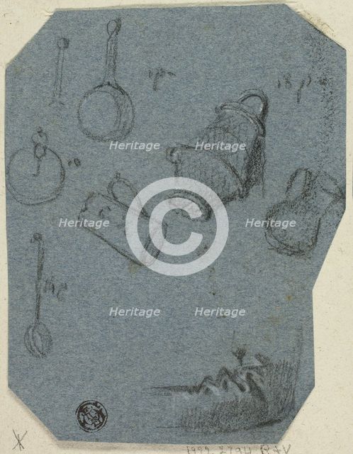 Sketches of Kitchen Utensils, Bent Arm (recto); Historical Scene (verso), n.d. Creator: Unknown.