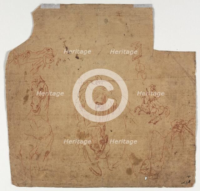 Sketches of Horses and Riders (recto); Sketches of Horses (verso), 17th century. Creator: Unknown.