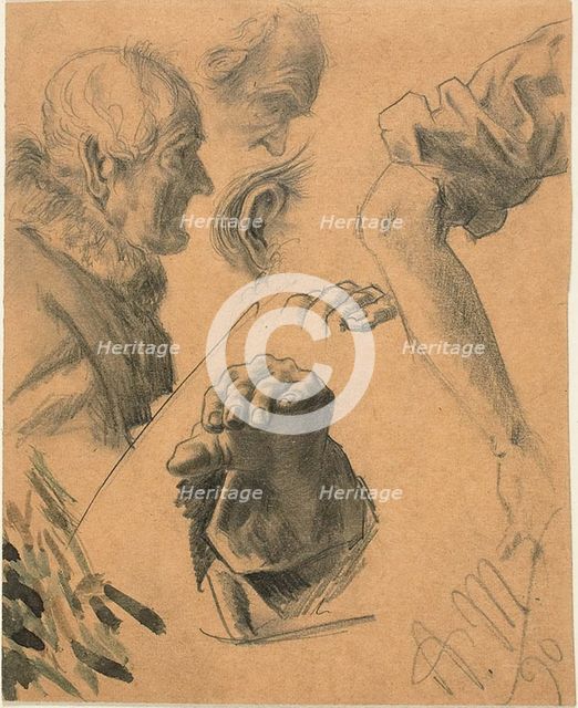 Sketches of Hands, Arms, and Heads, 1890. Creator: Adolph Menzel.