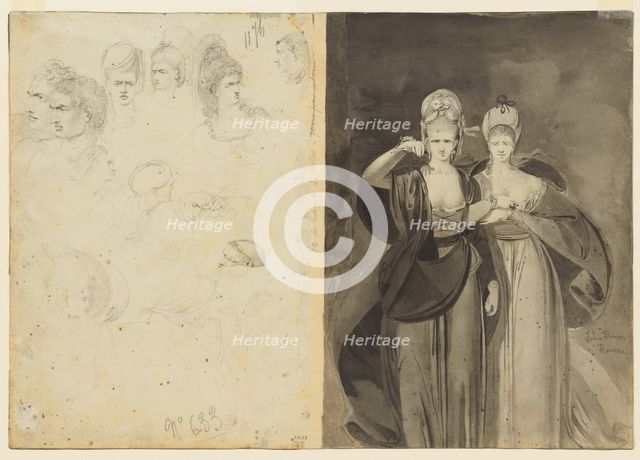 Sketches of Heads (verso, left); Two Women (verso, right), c. 1770-1775. Creator: John Brown (British, 1752-1787).