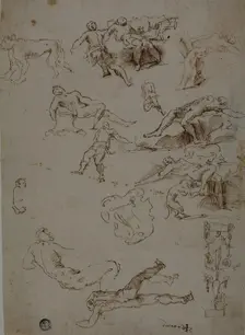 Sketches of Male Nudes, Animals, and Ornamental Details, n.d. Creator: Unknown