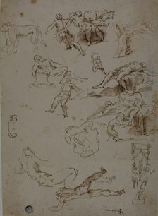 Sketches of Male Nudes, Animals, and Ornamental Details, n.d. Creator: Unknown