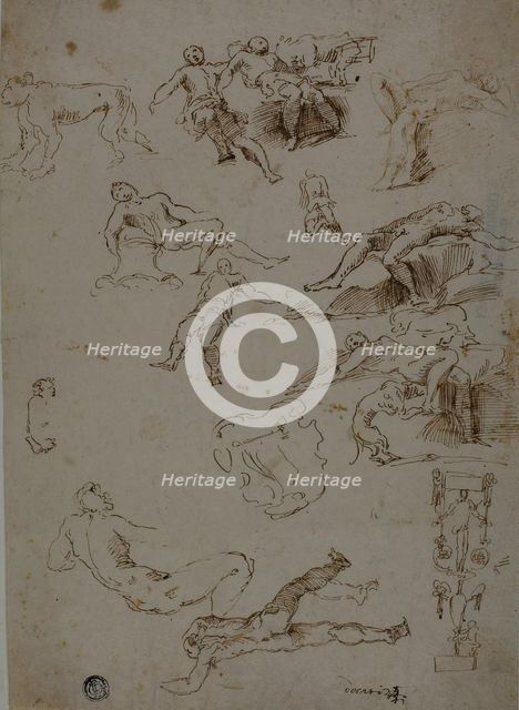 Sketches of Male Nudes, Animals, and Ornamental Details, n.d. Creator: Unknown.