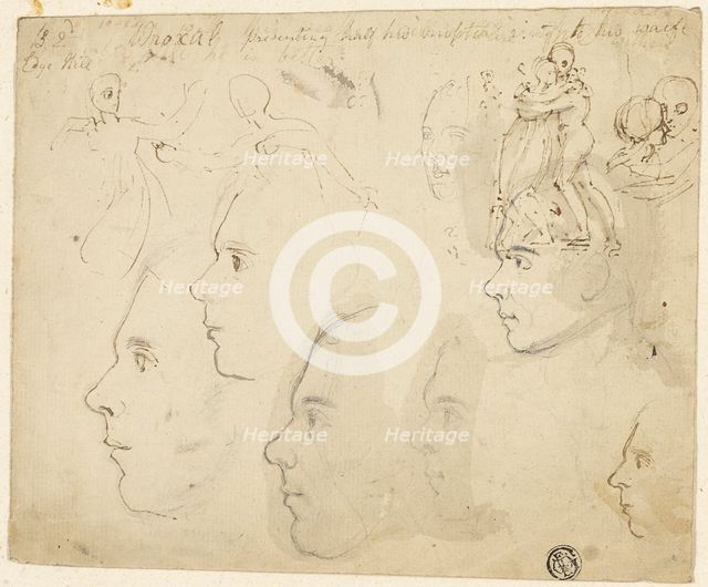 Sketches of Male Profiles, Couple Embracing, n.d. Creator: Thomas Stothard.