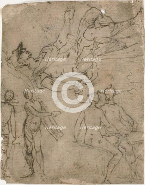 Sketches of Seated Warrior, Various Figures, 1585/95. Creator: Bernardo Castello.