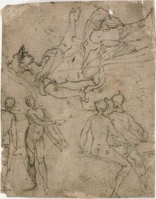 Sketches of Seated Warrior, Various Figures, 1585/95. Creator: Bernardo Castello