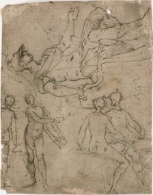 Sketches of Seated Warrior, Various Figures, 1585/95. Creator: Bernardo Castello