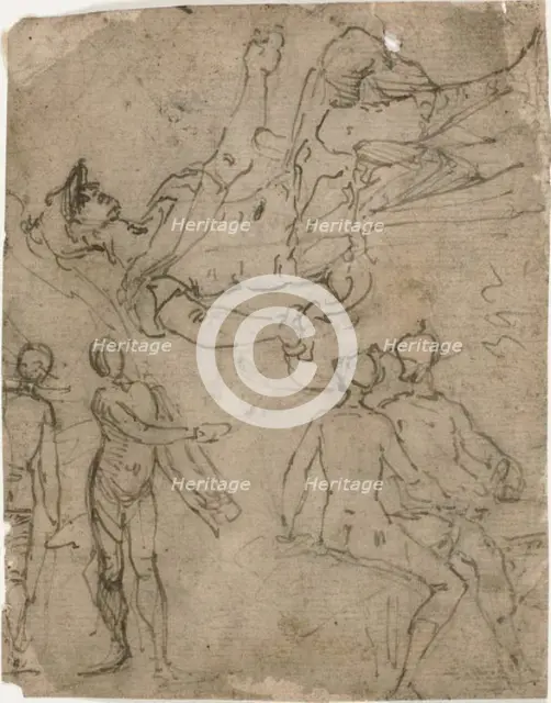 Sketches of Seated Warrior, Various Figures, 1585/95. Creator: Bernardo Castello.