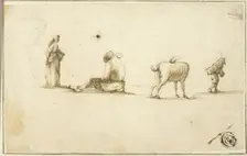 Sketches of Standing Woman, Seated Man, Goat, and Man Carrying Box on Back, n.d. Creator: Unknown