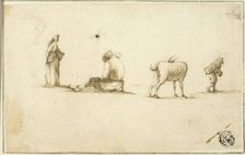 Sketches of Standing Woman, Seated Man, Goat, and Man Carrying Box on Back, n.d. Creator: Unknown