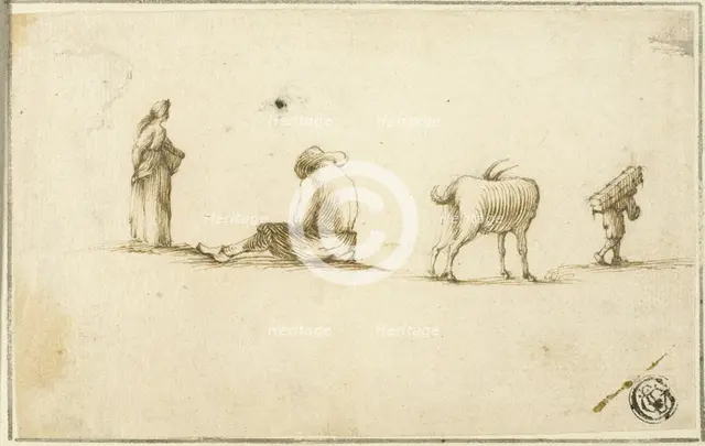 Sketches of Standing Woman, Seated Man, Goat, and Man Carrying Box on Back, n.d. Creator: Unknown.