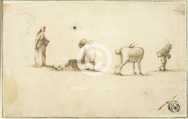 Sketches of Standing Woman, Seated Man, Goat, and Man Carrying Box on Back, n.d. Creator: Unknown.