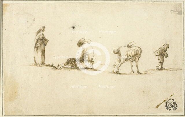 Sketches of Standing Woman, Seated Man, Goat, and Man Carrying Box on Back, n.d. Creator: Unknown.