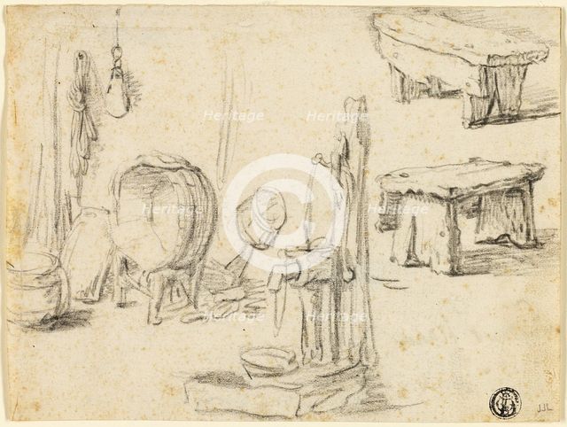 Sketches of Pump, Washtub, Benches, n.d. Creator: Unknown.