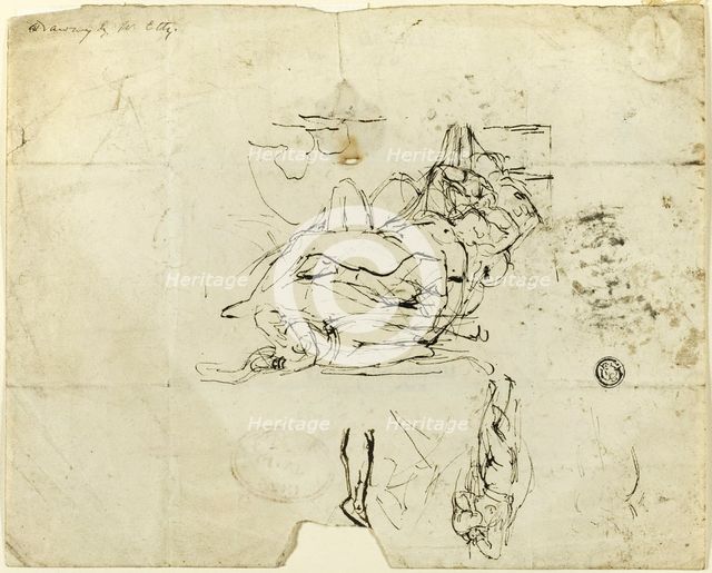 Sketches of Reclining Female Nude and Amorous Couple, n.d. Creator: William Etty.