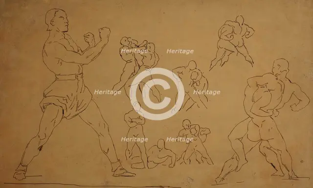 Sketches of wrestlers after gericault, 19th century. Creator: Antoine-Louis Barye.