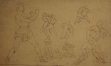 Sketches of wrestlers after gericault, 19th century. Creator: Antoine-Louis Barye