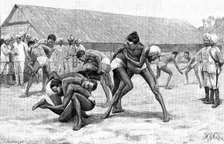 Sketches of the Military Police of Burmah: wrestling-match in camp, 1890. Creator: P Naumann