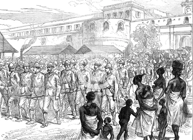 Sketches of the Ashantee War...: British troops leaving Cape Coast Castle for the front, 1874. Creator: Unknown.