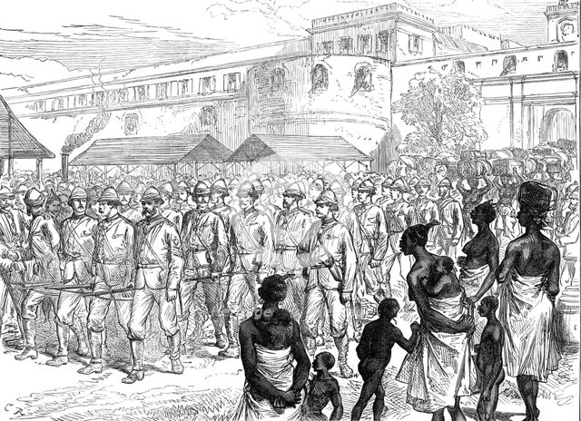 Sketches of the Ashantee War...: British troops leaving Cape Coast Castle for the front, 1874. Creator: Unknown.