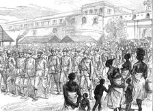 Sketches of the Ashantee War...: British troops leaving Cape Coast Castle for the front, 1874. Creator: Unknown
